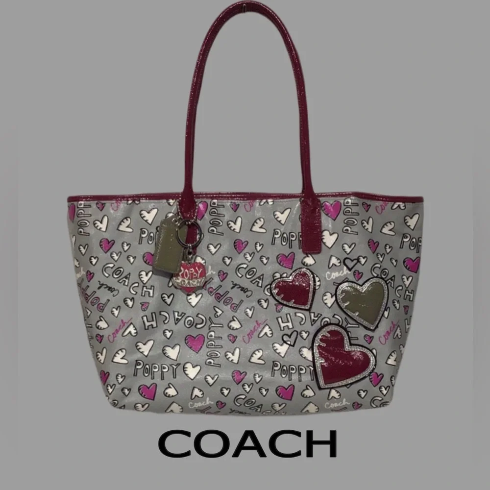 Coach | Bags | Coach Poppy Hearts Graffiti Tote Gray Polysatin